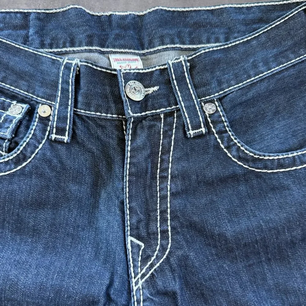 True Religion Joey Jeans Mens 33 USA Made Dark Wash Thick White Stitch Straight